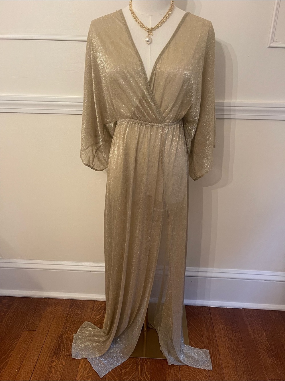 Lulu's Shimmering Gold Metallic Wrap Maxi Dress Sheer